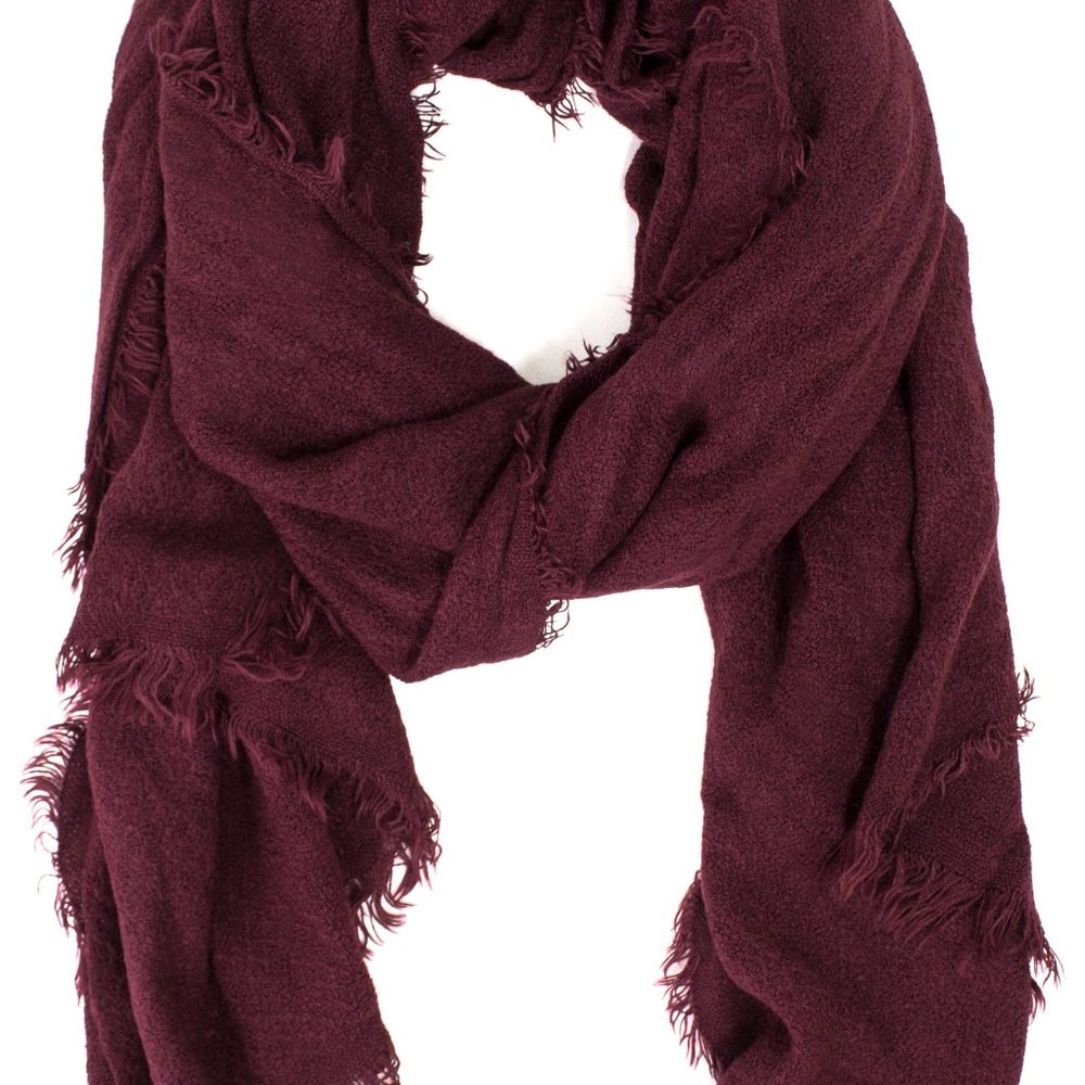Wine Red Frayed Edge Cashmere Blend Blanket Wrap Scarf
